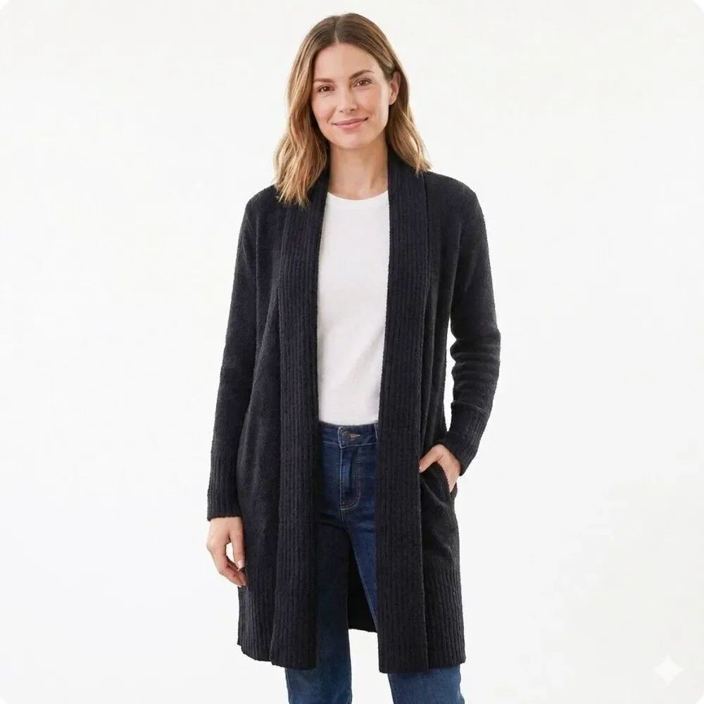 Barefoot Dreams CozyChic Lite Catalina Long Cardigan NEW Black Size Large Petite